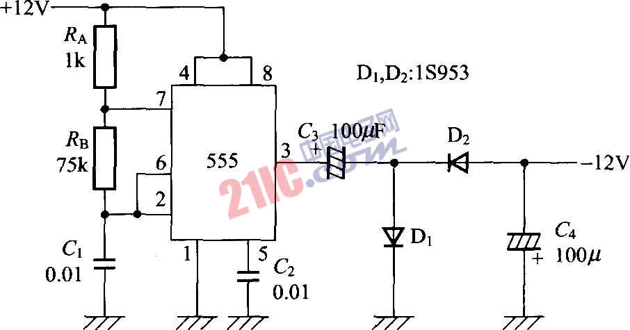 使用Timer IC555的負(fù)<strong>電壓</strong>發(fā)生<strong>電路圖</strong>