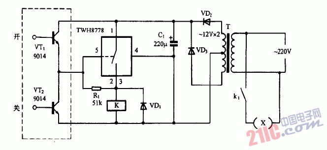 巧用TWH8778作雙鍵<strong>觸摸開(kāi)關(guān)</strong>電路圖