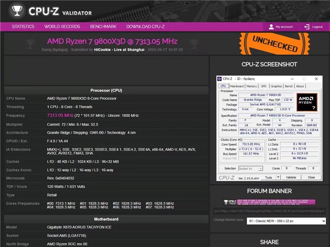 7.3GHz新紀(jì)錄！HiCookie再創(chuàng)9800X3D+技嘉X870主板超頻戰(zhàn)績(jī)