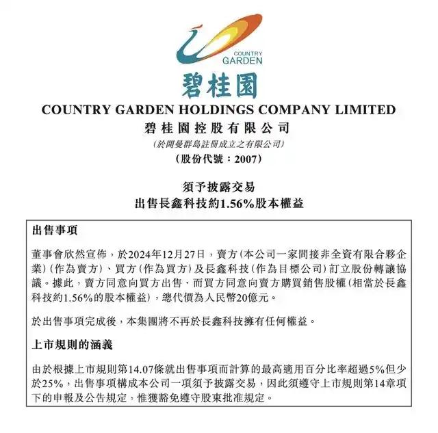 突發(fā)！碧桂園20億清倉長鑫科技