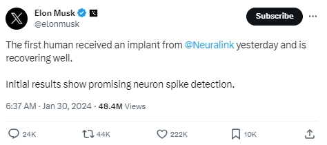 首位人類植入Neuralink腦機芯片，馬斯克：患者恢復良好！