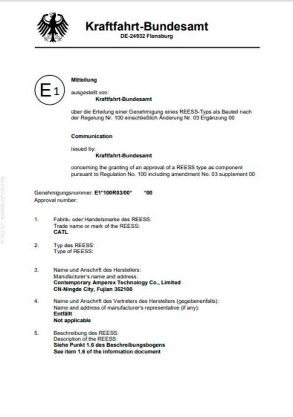 TUV南德助力寧德時(shí)代獲批德國(guó)交通部全球首批UNECE R100.03證書