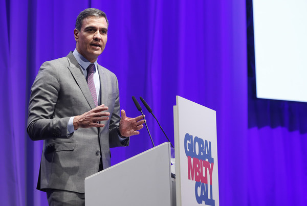 (one man speaking): Pedro Sánchez Global Mobility Call Credit EFE David Fernández