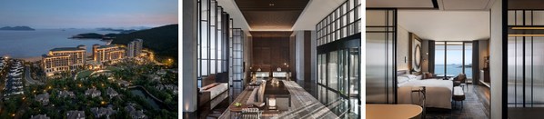從左至右：寧波象山綠城喜來登度假酒店外觀、大堂以及豪華海景客房