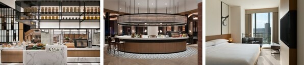 從左至右：西安浐灞喜來登酒店：&More by Sheraton 咖啡吧、橢圓吧（Oval Bar）西安浐灞萬楓酒店：萬楓大床房