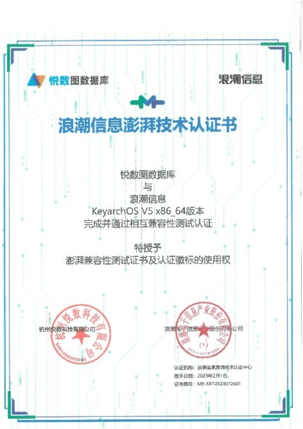悅數(shù)圖數(shù)據(jù)庫與keyarchOS完成浪潮信息澎湃技術認證