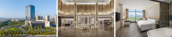 從左至右依次為-紹興上虞萬豪酒店外觀、大堂、大床房