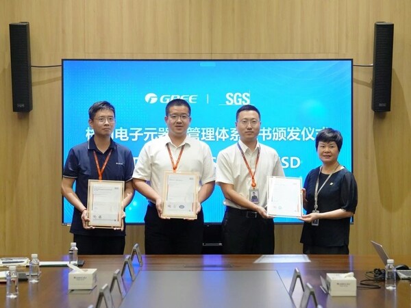 SGS為格力電器旗下珠海格力電子元器件有限公司頒發(fā)ISO 9001質(zhì)量管理體系、IATF 16949汽車質(zhì)量管理體系及ANSI/ESD S20.20-2021靜電防護管理體系認證證書