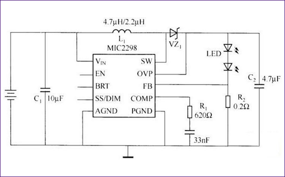 MIC2298構(gòu)成的驅(qū)動(dòng)LED電路圖 MIC2298構(gòu)成的驅(qū)動(dòng)LED電路圖