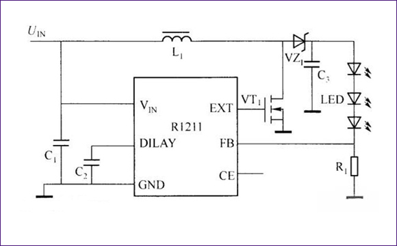 R1211驅(qū)動(dòng)白光LED電路圖 R1211驅(qū)動(dòng)白光LED電路圖